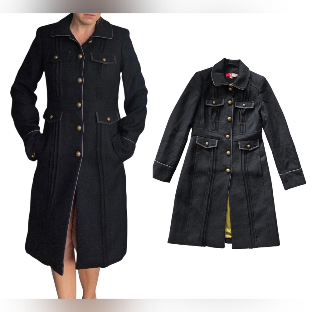 Boden Long Officers Trench Pea Coat Womens 4 Black Preppy Tailored Long Military